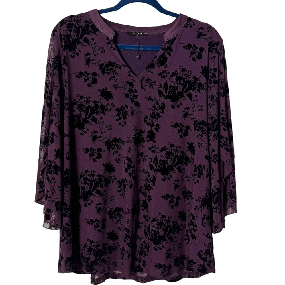 Velvet Burnout Purple Black Blouse Top Whimsigoth Fairy XL Flared Sleeve